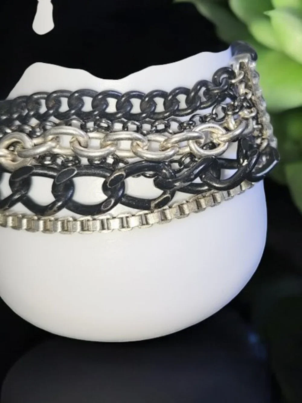 Black Beads Silvertone Chains Rhinestone Trim Multi Strand Bracelet